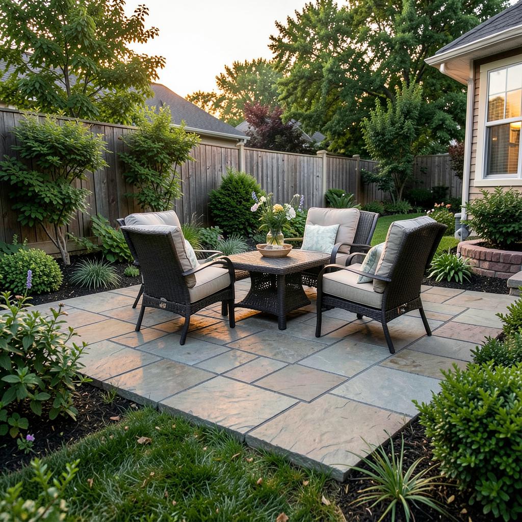 Patio en pierre naturelle aménagé dans une cour résidentielle